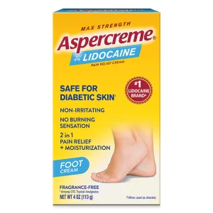 Aspercreme Odor Free Lidocaine Foot Pain Relief Creme 4 oz. Safe for Diabetic Skin Diabetic Foot Creme