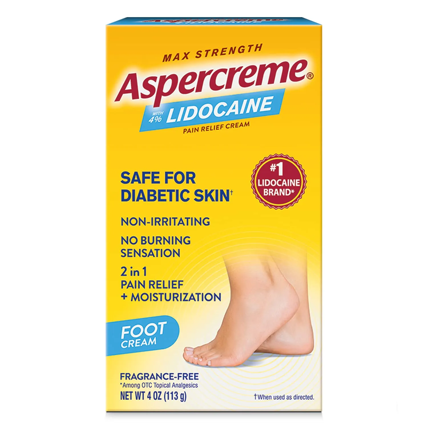 Aspercreme Odor Free Lidocaine Foot Pain Relief Creme 4 oz. Safe for Diabetic Skin Diabetic Foot Creme