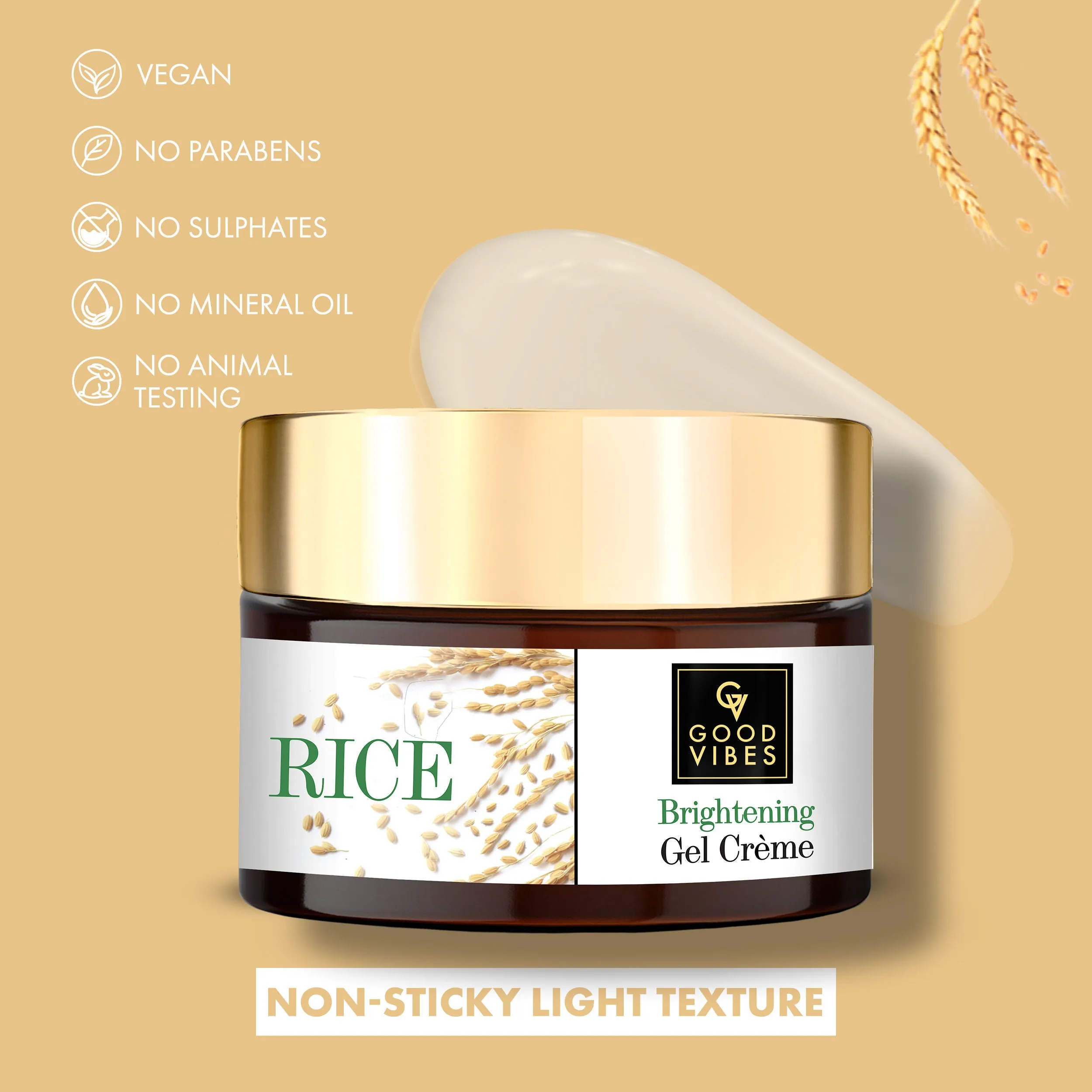 Good Vibes Rice Brightening Gel Creme | Face Moisturizer | Light Gel Cream | Hydrating, Moisturizing, Glowing | No Parabens, No Sulphates, No Animal Testing (50g)