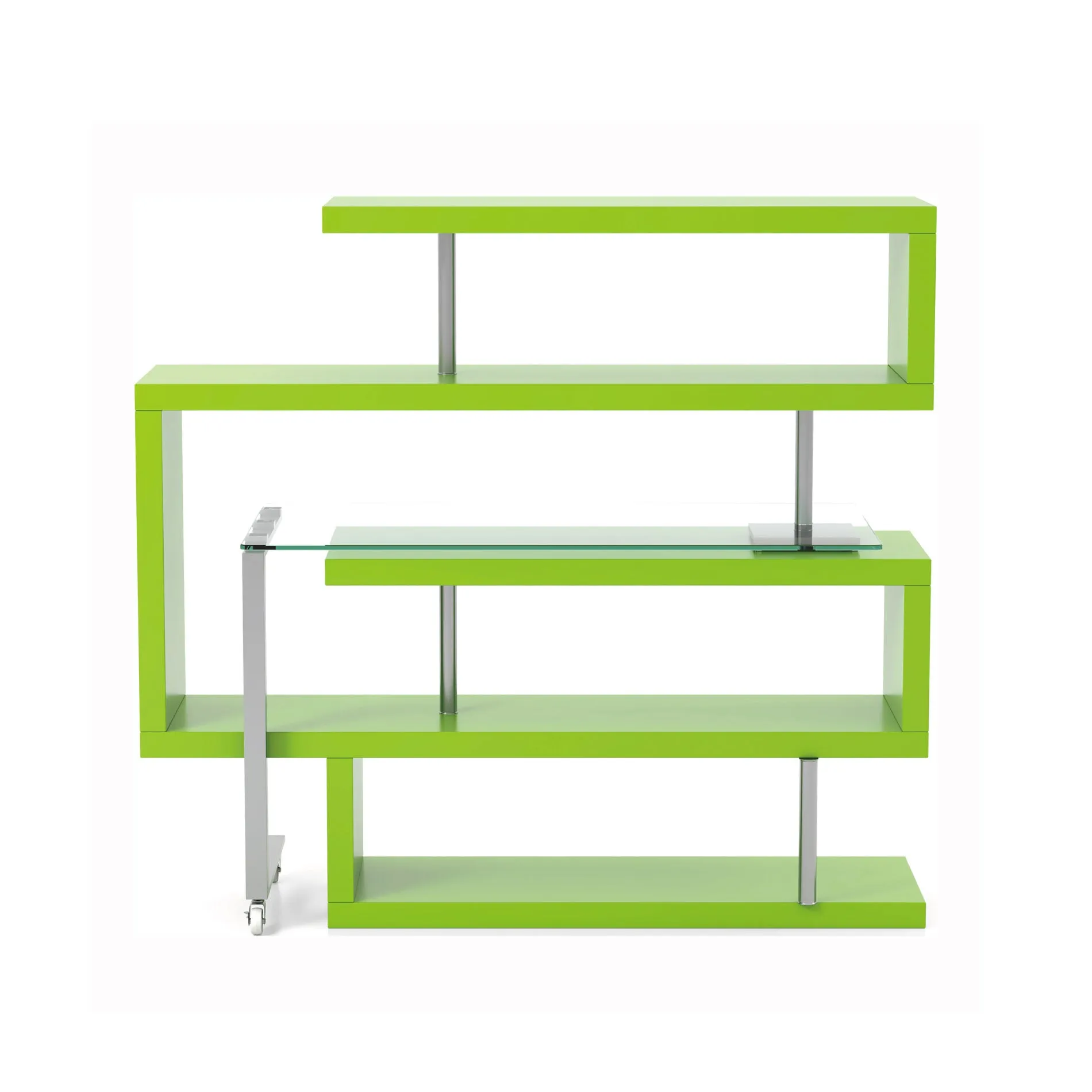 Kylo Green & Chrome Convertible Bookshelf to Glass Top L-Shape Desk